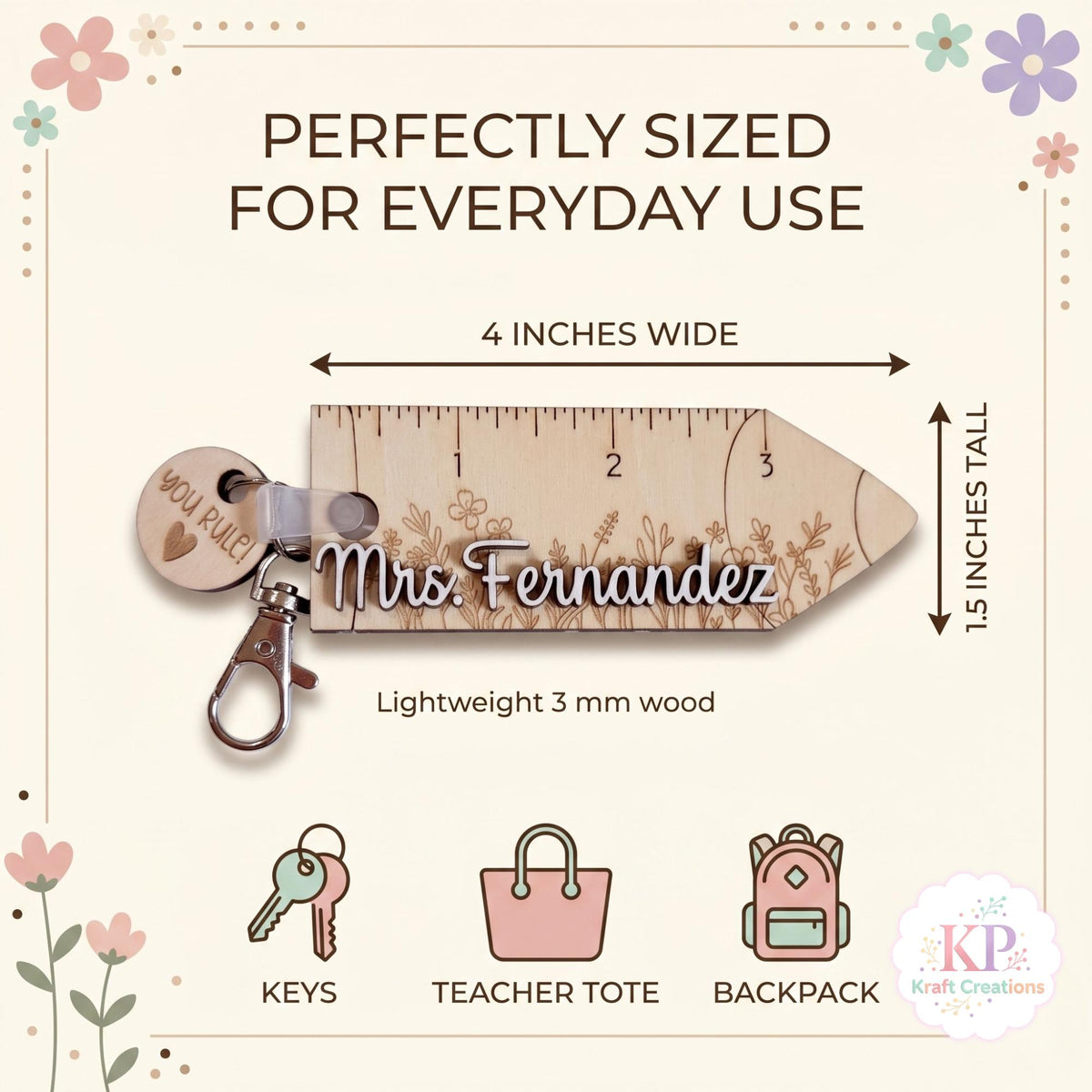 Personalized Teacher Keychain, Wooden Pencil Name Keychain, Teacher Appreciation Gift, Back to School Gift, Custom Educator Bag Charm