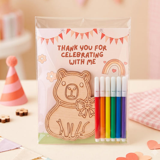 Capybara Wood Coloring Kit, Personalized Birthday Party Favor With 6 Markers, Cute Kids Craft Activity, Color Your Own Wooden Animal