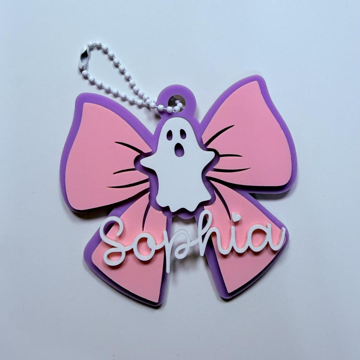 Personalized Ghost Bow Bag Tag, Custom Name Halloween Trick or Treat Tag, Boo Basket Name Charm