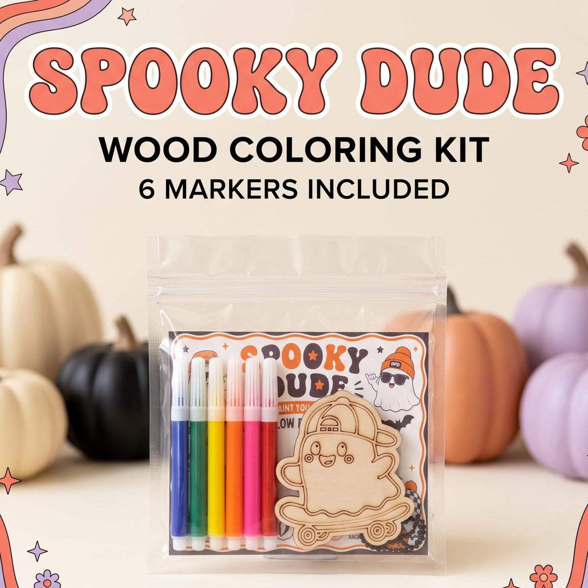 Halloween Craft Kit for Kids, Spooky Dude Wood Painting Kit with Markers, Ghost Party Favor, Classroom Activity, Boo Basket Filler