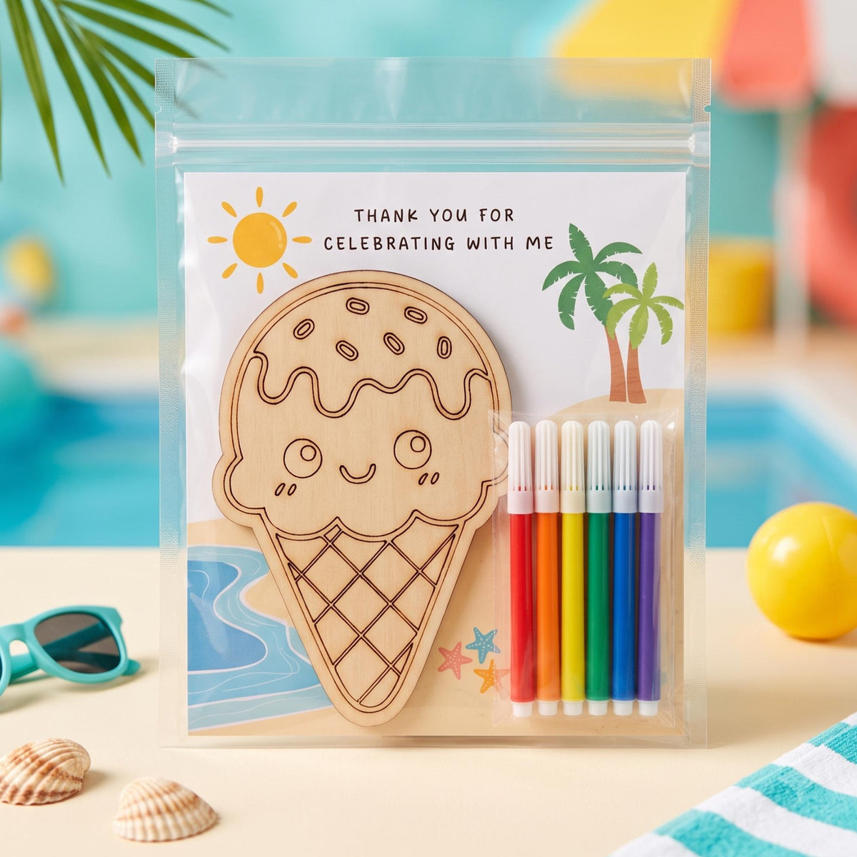 Summer Party Favor, Personalized Wood Coloring Kit with Markers, Beach Birthday Kids Craft, One in the Sun Craft Activity Paint your Own