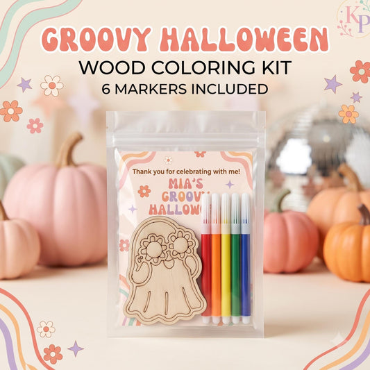 Groovy Halloween Wood Coloring Kit, Personalized Ghost Party Favor With Markers, Kids Halloween Craft, Classroom Favor, Paint your Own.