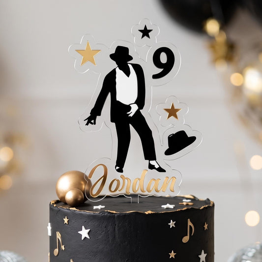 King of Pop Cake Topper, Personalized Name and Age Acrylic Birthday Decoration, Black Gold Music Party Decor, Singer Fan Gift