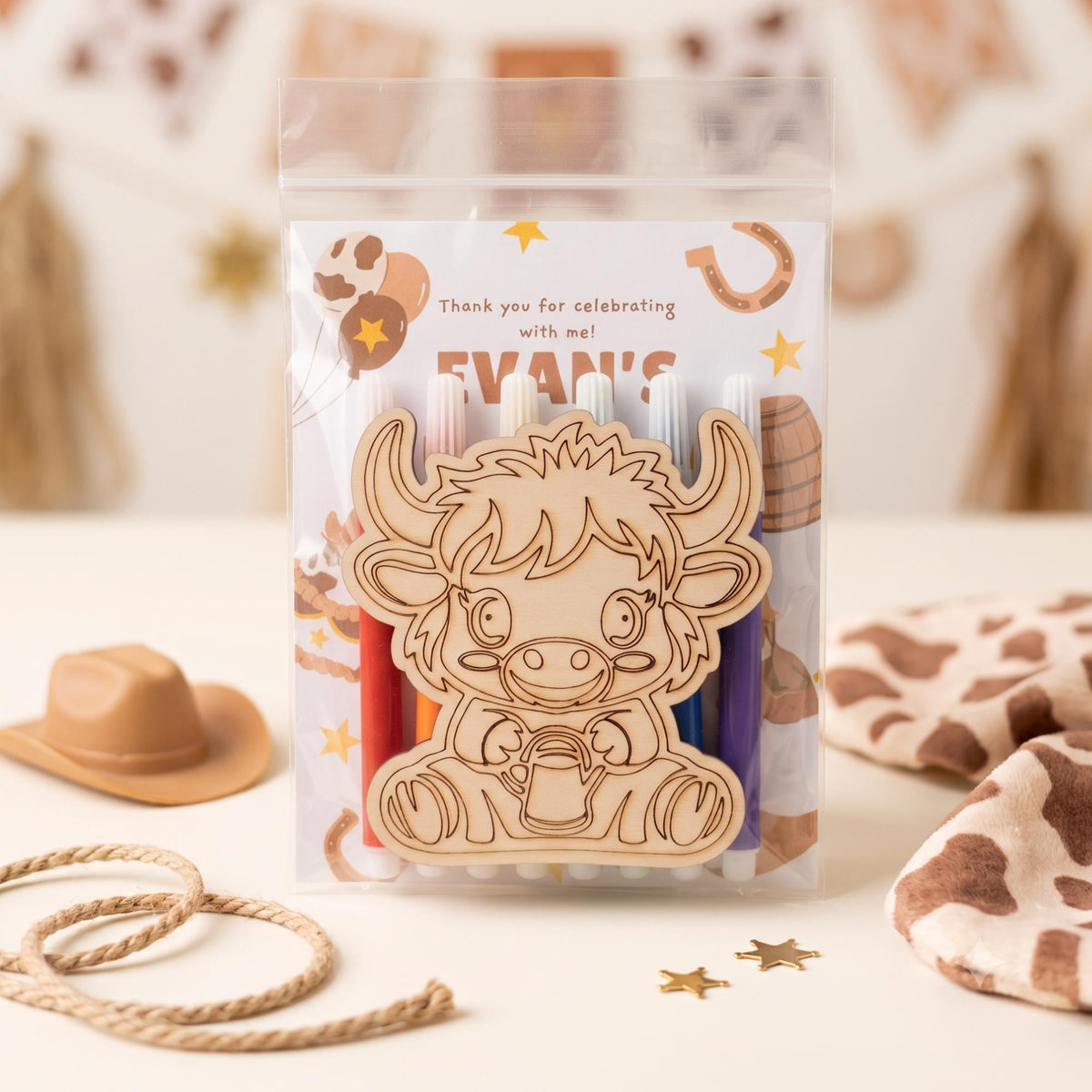 Highland Cow Wood Coloring Kit, Personalized First Rodeo Party Favor With 6 Markers, Kids Western Birthday Craft, Mess Free Activity