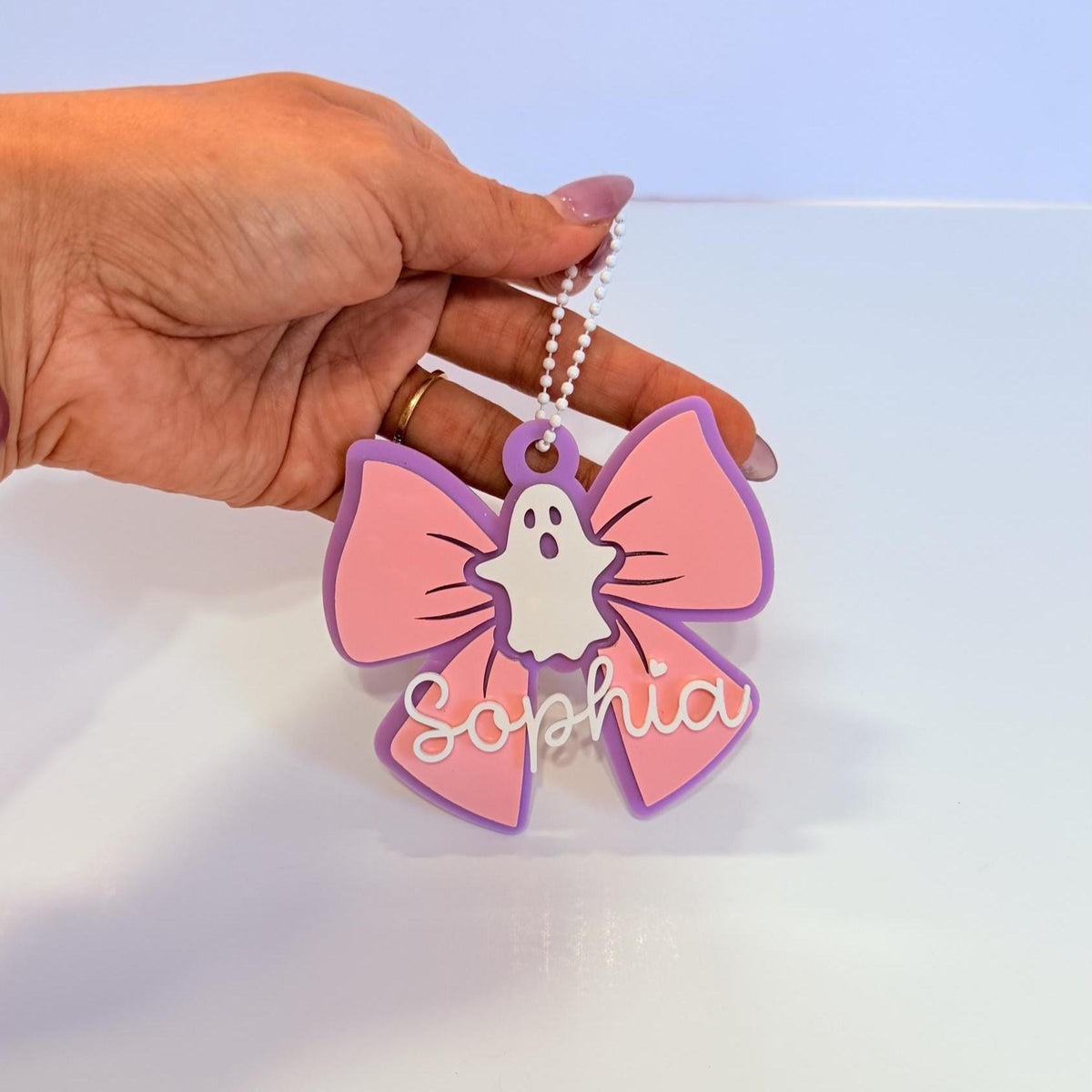 Personalized Ghost Bow Bag Tag, Custom Name Halloween Trick or Treat Tag, Boo Basket Name Charm