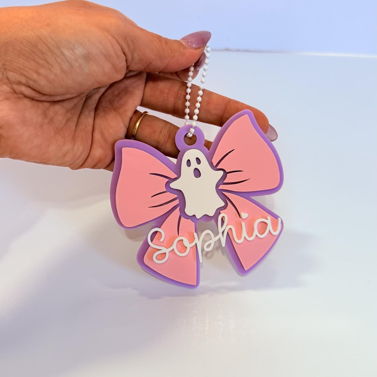 Personalized Ghost Bow Bag Tag, Custom Name Halloween Trick or Treat Tag, Boo Basket Name Charm