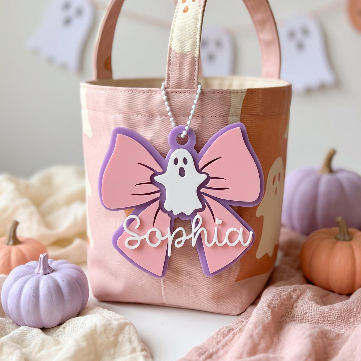 Personalized Ghost Bow Bag Tag, Custom Name Halloween Trick or Treat Tag, Boo Basket Name Charm