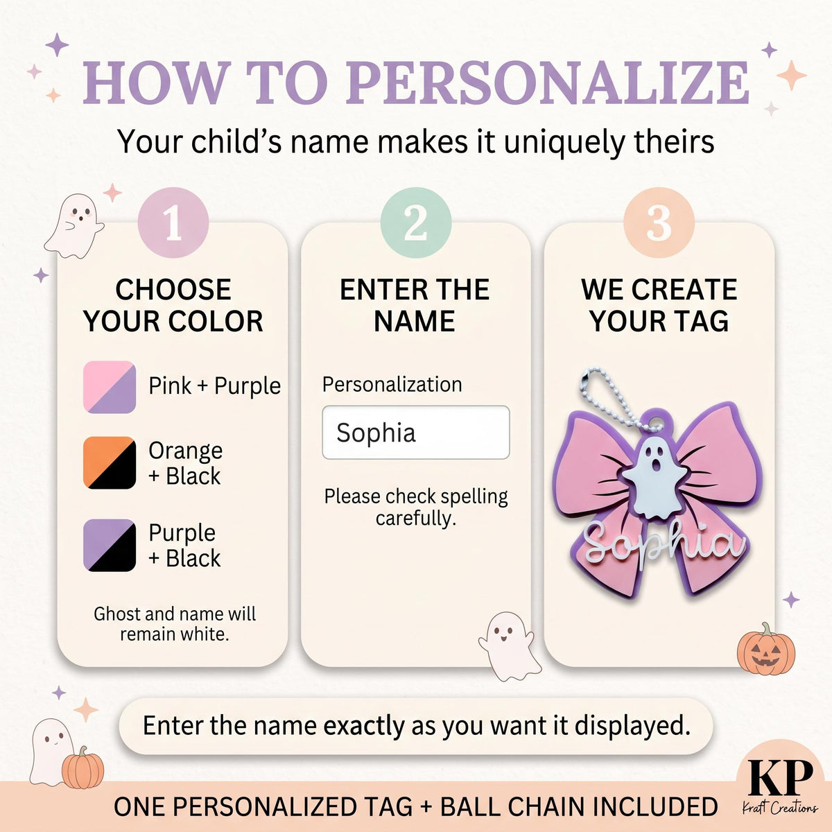 Personalized Ghost Bow Bag Tag, Custom Name Halloween Trick or Treat Tag, Boo Basket Name Charm