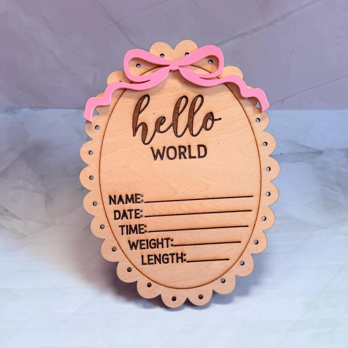 Baby Birth Announcement Sign, Bow Birth Stats Sign, Hospital Baby Sign, Hello World Newborn Photo Prop, Wooden Baby Announcement