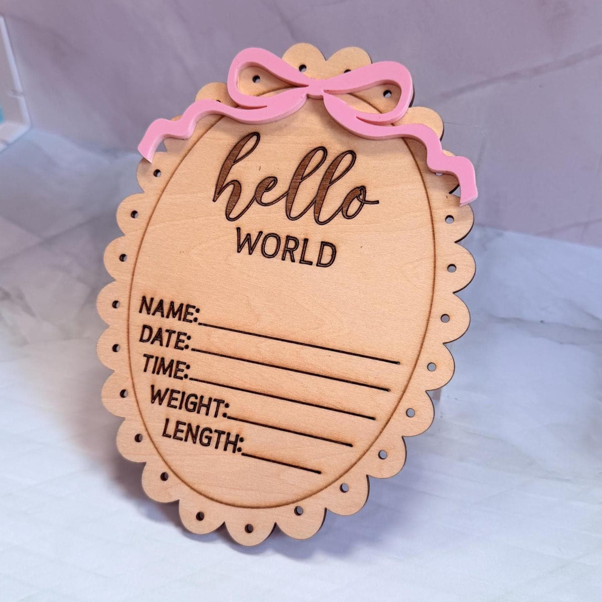 Baby Birth Announcement Sign, Bow Birth Stats Sign, Hospital Baby Sign, Hello World Newborn Photo Prop, Wooden Baby Announcement