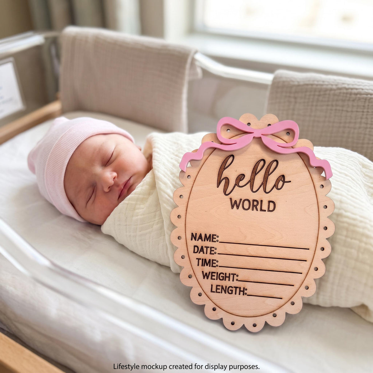 Baby Birth Announcement Sign, Bow Birth Stats Sign, Hospital Baby Sign, Hello World Newborn Photo Prop, Wooden Baby Announcement