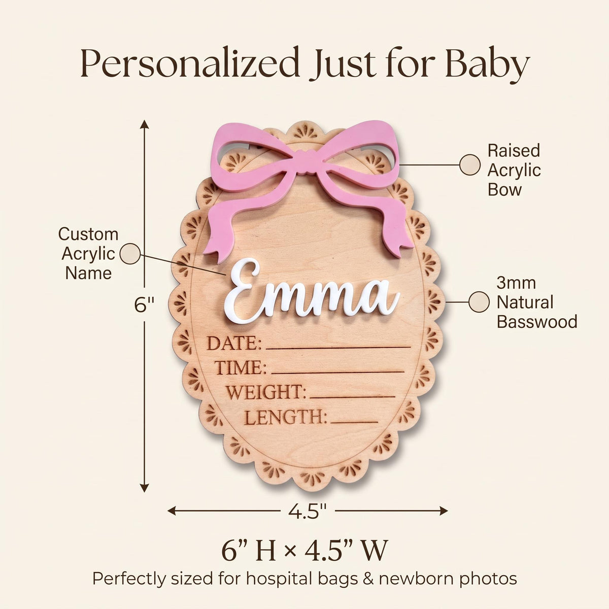 Bow Birth Stats Sign, Baby Birth Announcement, Baby Girl Hospital Sign, Newborn Photo Prop, Coquette Baby Announcement