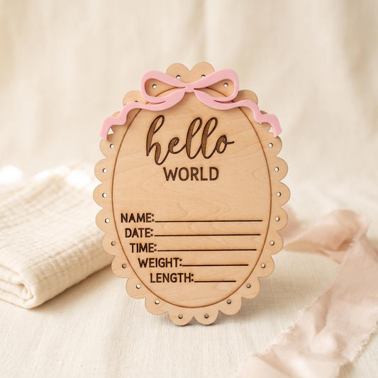 Baby Birth Announcement Sign, Bow Birth Stats Sign, Hospital Baby Sign, Hello World Newborn Photo Prop, Wooden Baby Announcement