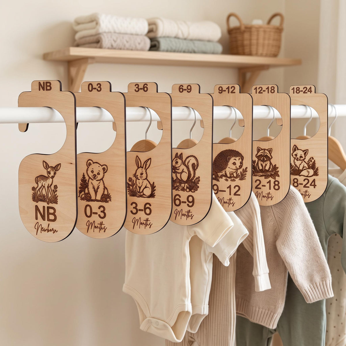 Woodland Baby Closet Dividers, Wooden Nursery Clothes Organizer, Baby Clothes Size Dividers, Personalized Baby Shower Gift